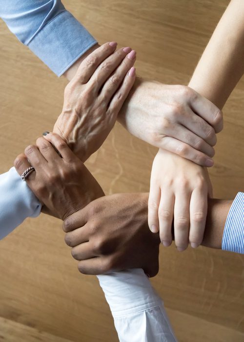 Close up multiracial business people holding each others wrists, join hands together, support and unity, team strength and power, colleagues involved in team building activity, vertical photo; Shutterstock ID 1322813186; Cliente: -; Job: -; CNPJ (Cliente a faturar): -; Vencimento da Nota Fiscal: -